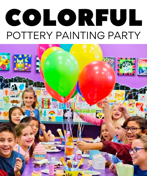 Colorful pottery painting party sign with kids celebrating a birthday, surrounded by balloons and pottery