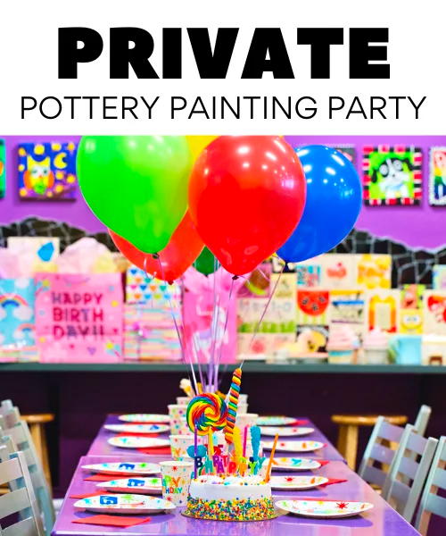 A private pottery painting party setup with a table featuring birthday cakes and colorful balloons at Color Café studio.