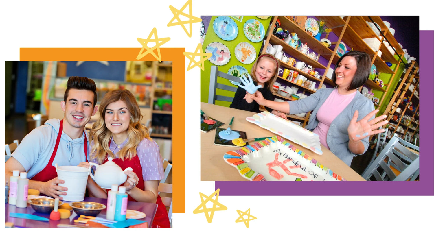 A couple holding their painted pottery in Color Café studio, with a woman and a little girl happily painting with their hands covered in paint, capturing a fun and creative moment.